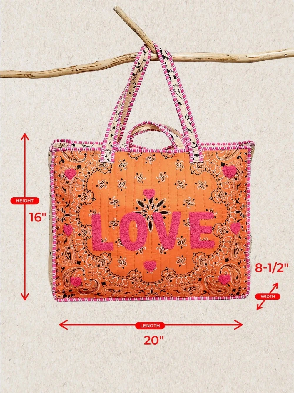 POL LOVE Embroidered Orange & Pink Quilted Cotton Tote Bag